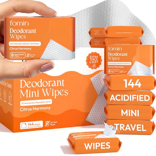 Image of FOMIN Acidified Mini Deodorant Travel Wipes - 144 Count Citrus Harmony | pH Balanced, Biodegradable Mini Deodorant Wipes - Plastic-Free Underarm & Body Wipes for Women & Men - Fits Any Bag