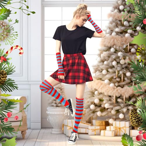 Image of Geyoga Arm Warmers Leg Warmers Striped Thigh High Socks Fingerless Gloves Stockings Christmas Halloween
