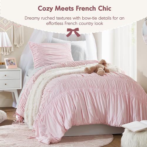 Image of Intelligent Design Ruched Shabby Chic Pink Twin XL Comforter Set, 2pc | Back to School Girls Dorm Bedding Set, French Country, All Season Down Alternative, Cozy, Machine Washable, Lightweight