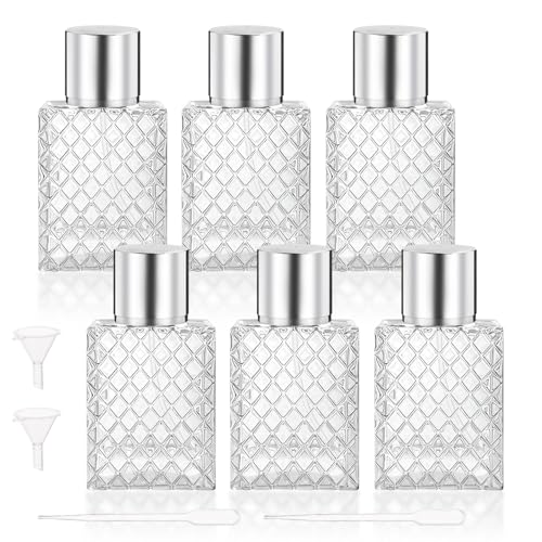 DynnnDy 6 Pcs 50ml-1.7oz Glass Perfume Spray Bottles with Silver Lid Empty Square Fine Mist Sprayer Refillable Atomizer Pump Bottle for Water Alcohol Toner Essential Oils,2 Pipettes,2 Funnels