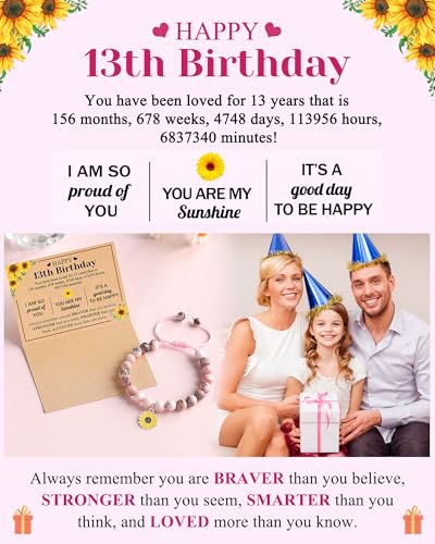 Image of Happy 10th /11th /12th /13th /14th Birthday Gifts for Girls, Sunflower Bracelet for Girls