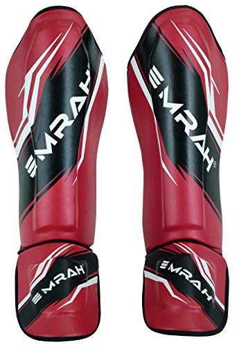 EMRAH Espinilleras MMA, Entrenamiento de Boxeo | Protector de Pierna con Empeine Muay Thai | Equipo de protección para Artes Marciales, Combate, Kickboxing Karate (Maroon, Large)