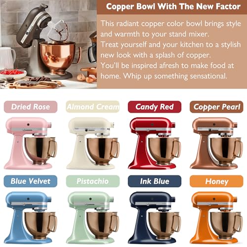 Image of 5 Quart Stainless Steel Mixer Bowl for Kitchenaid Classic&Artisan Tilt Head Mixer, Fit for KSM75, KSM90, KSM150, Radiant Copper, 1.75Lb, 0.8MM Thick, Heavy Duty, Dishwasher Safe, Ergonomics Handle