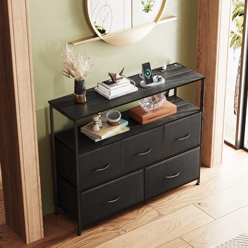 Image of WLIVE 5 Drawer Fabric Dresser Charging Station Bedroom Chest, Black