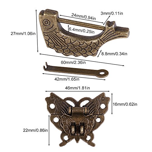 Image of Antique Small Chinese Locks with Key & Latch Hasp Set, Vintage Jewelry Gift Box Decorative Padlock Lock Hardware Latch Set for Wood Box, Fish Lock
