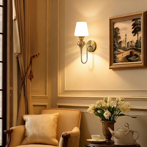 Image of LASENCHOO Modern Gold Wall Sconce, 1-Pack Antique Brass Wall Light Fixtures with Glass Shade, Vintage Sconces Wall Lighting Single Wall Mounted Lamp for Bedroom Living Room Bathroom Vanity Light