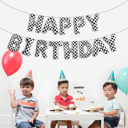 Image of Atpata Funky 16inch Black & White Checkered Happy Birthday Foil Balloons Banner for Racing Theme, Chess Party, Car Birthday, Monochrome Decor, Skater Rock n Roll Emo Party Decorations