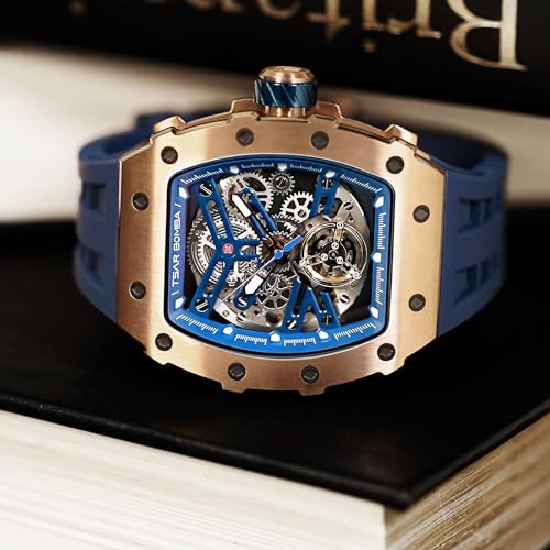 Image of TSAR BOMBA Men's Automatic Watch Tonneau Luxury Skeleton Watches for Men Mechanical 50M Waterproof Analogue Watches Mens Unique Cool Square Big Face Dial Wristwatch with Silicone Strap Band