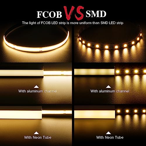BTF-LIGHTING FCOB COB LED Strip Flexible High Density Uniform Light 8W/m 16.4FT DC12V Warm White 3000K CRI 90+ 8mm Width Dimmable LED Ribbon for Home Indoor Decor(No Adapter or Controller)
