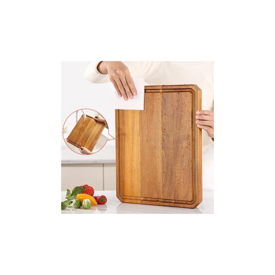 Acacia Wood Cutting Boards for Kitchen,Large Wooden Cutting Boards for Chopping Meat, Cheese, Fruits, and Vegetables，Extra Large Charcuterie Board with Handles, Juice Groove