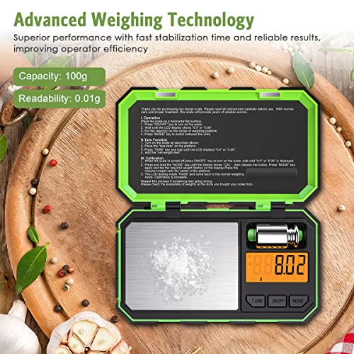 Keekit Digital Pocket Scale, 100G/0.01G Mini Scale With 50G Calibration Weight, Highly Accurate Scale With Tare & Lcd Backlit Display For Food, Tablets – Green #TOP4