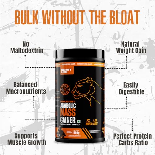 Image of BeastLife High Protein Mass /Weight Gainer | 500 Gram | Belgian Chocolate | NABL LAB Tested | For Muscle Gain & Fast Growth | Cereal-Based Formula, No Maltodextrin | India's #1 Cereal Based Bulk Gainer