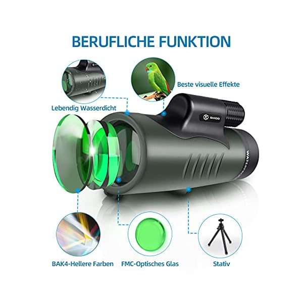 Monokular Teleskop 12x50 SIXGO HD Zoom Monokular Fernrohr Mit Smartphone Halter Stativ Wasserdichtes Monokular FMC BAK4… – Bild 3
