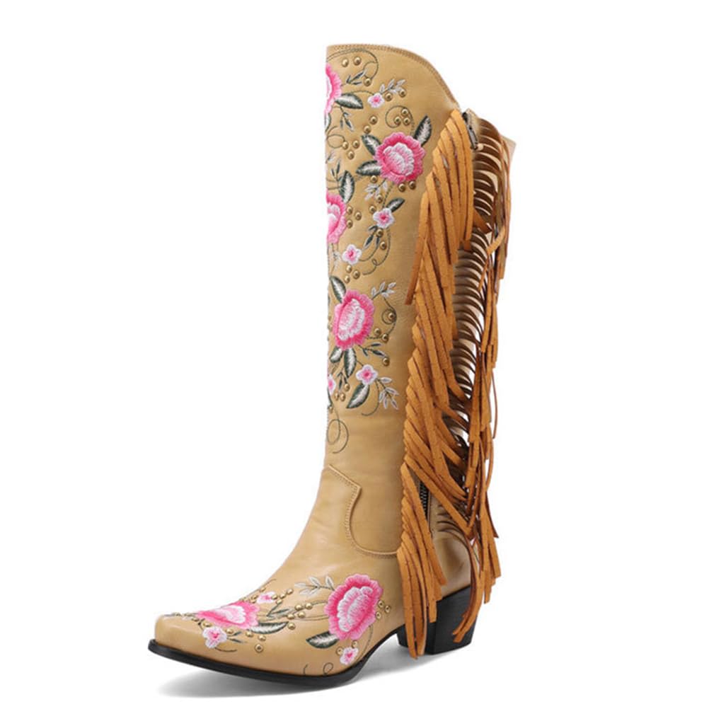 Stivali Western Donna al Ginocchio in Pelle con Ricamo Floreale E Frange Laterali Eleganti per Feste Festival Country