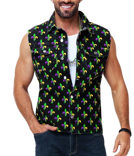 Image of AOBUTE Mens 4th of July Denim Vest American Flag Print Sleeveless Jean Jacket