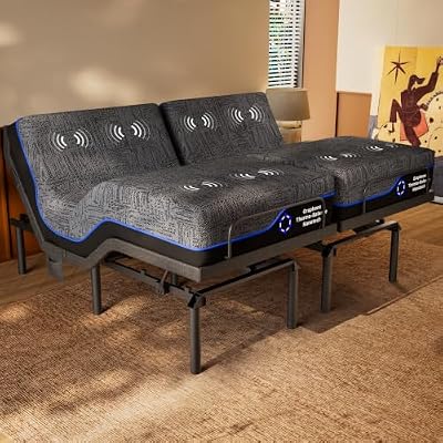 AMADA HOMEFURNISHING Split King Adjustable Bed with Mattress, 14-Inch, 3-Motor Adjustable Bed with Massage, Head & Foot Lift, Headrest Tilt, Zero Gravity, Anti-Snore, App & Remote Control, Easy Setup
