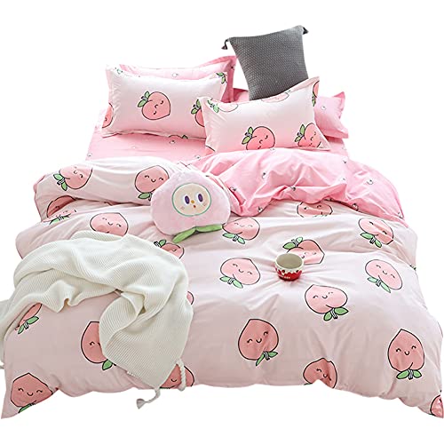 Bettbezug-Set, 3-teilig, bedruckt, rosa Pfirsich-Muster, Bettbezug mit Reißverschluss und 2 Kissenbezügen, für Mädchen und Jugendliche (Doppelbett) Cover