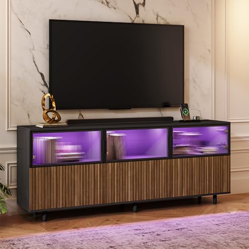Regmuse 59" Modern Acrylic TV Stand - Entertainment Center with Smart LED & Power Strip, TV Table for 70 Inch TV, TV Consoles for Living Room & Bedroom, Media Console with Al Frame, Soft-Close