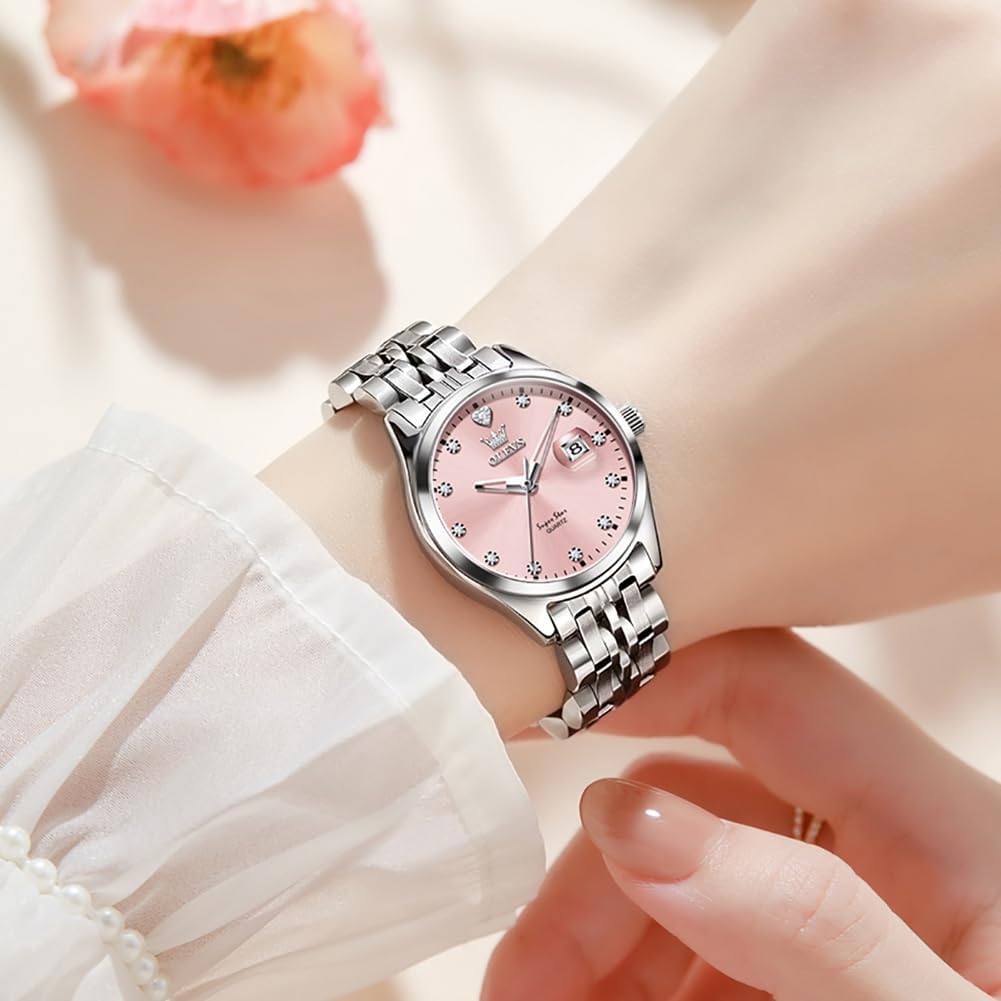 OLEVS Stainless Steel Watches for Women, Luxury Silver Ladies Watch with Date, Waterproof Analog Quartz Dainty Womens Watches, White/Pink/Blue/Purple Dial