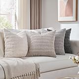 Fancy Homi Set of 4 Grey and White Decorative Throw Pillow Covers 18x18 Inch for Couch Bed Chair, Modern Farmhouse Boho Room Decor, Soft Fuzzy Double Sided Corduroy Textured Striped Cushion Case 45cm