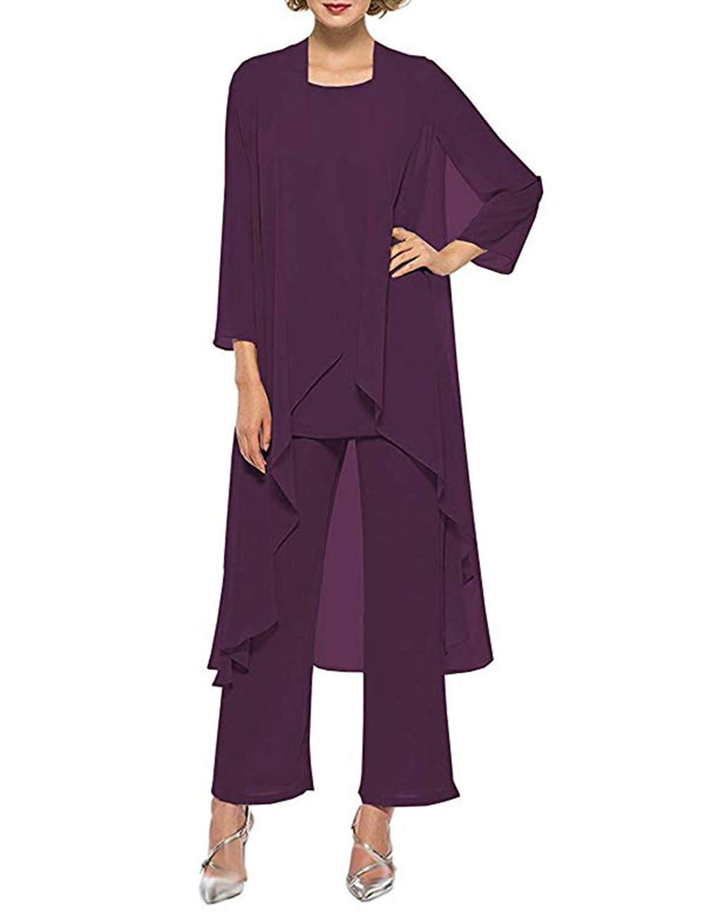 3 Piece Mother of The Bride Pant Suits for Wedding Chiffon Evening Dress with Jacket Long Formal Gown