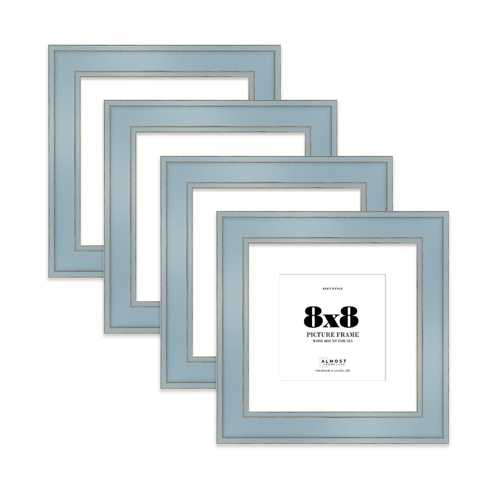 8x8" Cornflower Blue Square Picture Frame with 5x5" Mount - Shabby Chic Photo Frame with Distressed Finish, Gold Trim, Wall Hooks and Kickstand, 37mm Edge - 4 Pack โ image 1
