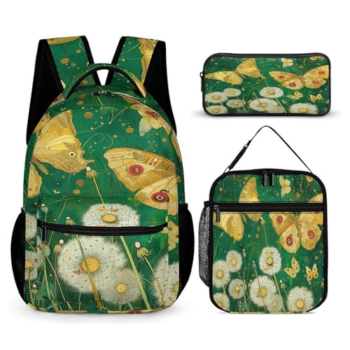 Yellow Butterfly Pattern Printed Backpack With Lunch Pack Storage Box Case 3pcs Lightweight Travel Backpack