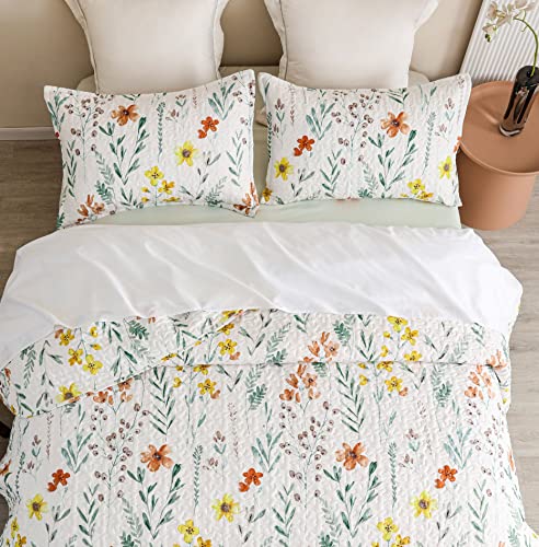 Durlengen Floral Quilt Set King Size 3Pcs, Yellow & Red Flowers And Green Botanical Pattern Printed On White, All Season Lightweight Coverlet Sets(King 106X96, Botanical Green) #TOP2