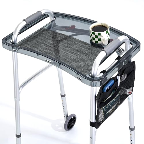 SoulThink® Full Transparency Walker Tray - Essential Walker Accessories Compatible with Most Walkers for Seniors, Walker Tray for Folding Walker with Utility Bag, Non-Slip Mat & Cup Holder (Black)