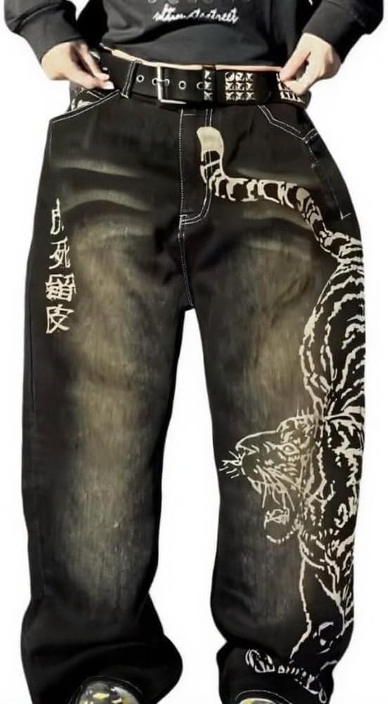 Y2K Tiger Print Baggy Jeans Unisex Wide Leg Pants Retro Streetwear Hip Hop Denim Trousers