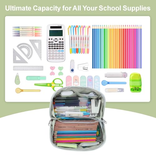 Image of Large Pencil Pouch - 8 Compartments, Wide Handle Organizer Bag | Wide Open Pen Bag, Flexible Dividers & Side Pockets, Handle, 900D Fabric, College Supplies for Teens, Green