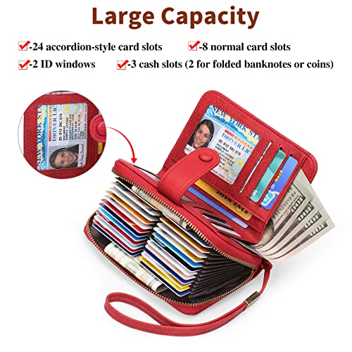 Gaekeao Leather Credit Card Holder Wallet For Women Rfid Blocking Large Capacity Bifold Zipper Card Case Organizer With Wristlet 32 Slots #TOP1