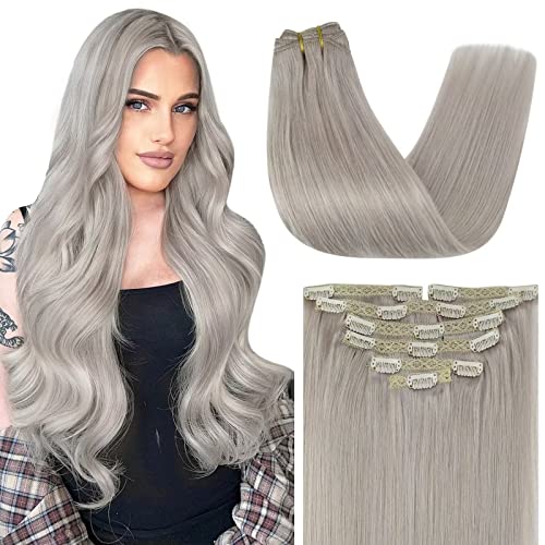 Sunny Grey Hair Extensions Clip in Human Hair 16inch Real Human Hair Clip in Extensions Grey Silver Gray Hair Extensions Clip on Straight Double Weft 120g 7pcs