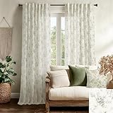 Sage Green Floral Patterned Linen Curtains, Spring Light Green Sheer Light Filtering Drapes, Vine Leaf Printed Botanical Curtains for Living Room Bedroom, 50 x 84 Inches Long