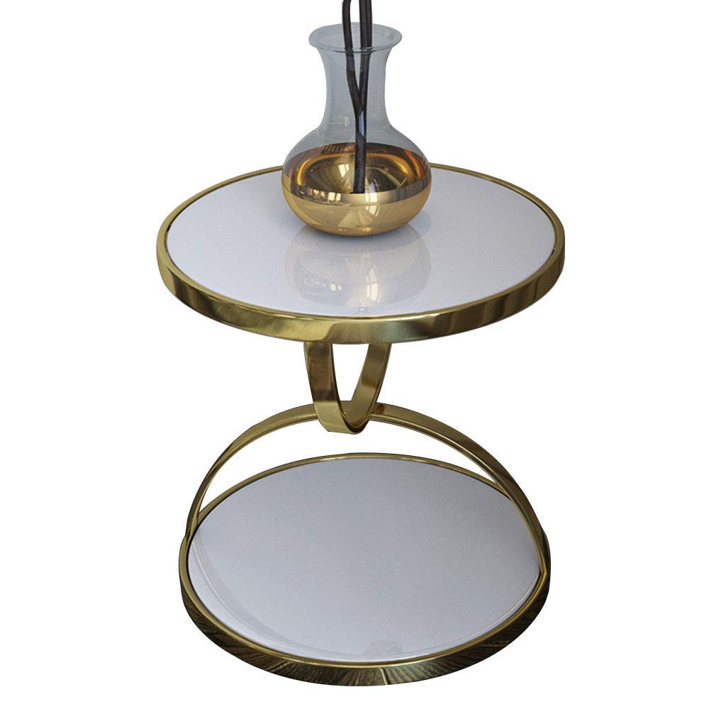 Table d'appoint en verre trempé blanc double plateau et or
