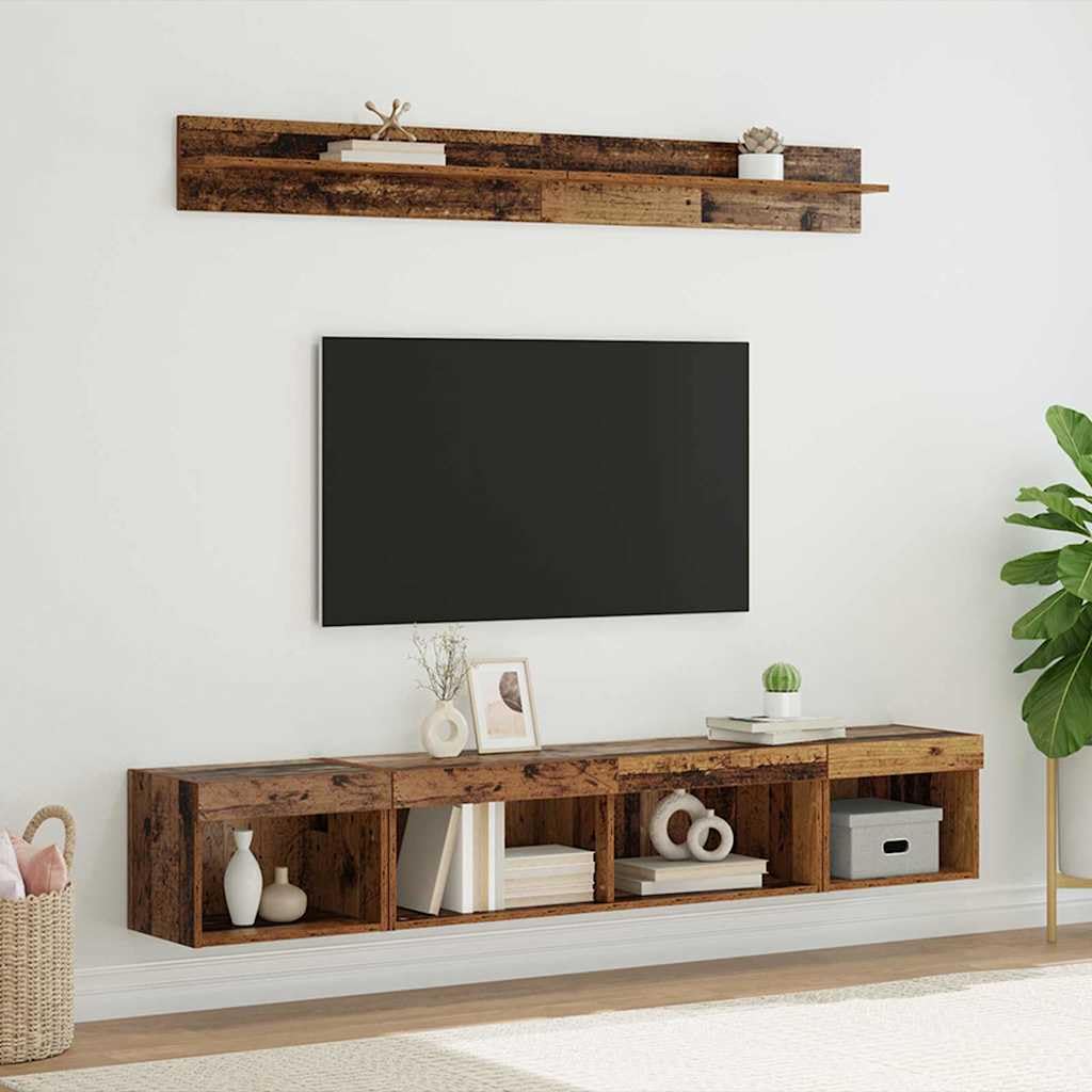 Set di 5 mensole da parete per TV, in legno anticato, moderno, per soggiorno, con illuminazione a LED, montaggio a parete, con armadi e ripiani per TV, media, gestione dei cavi e decorazione