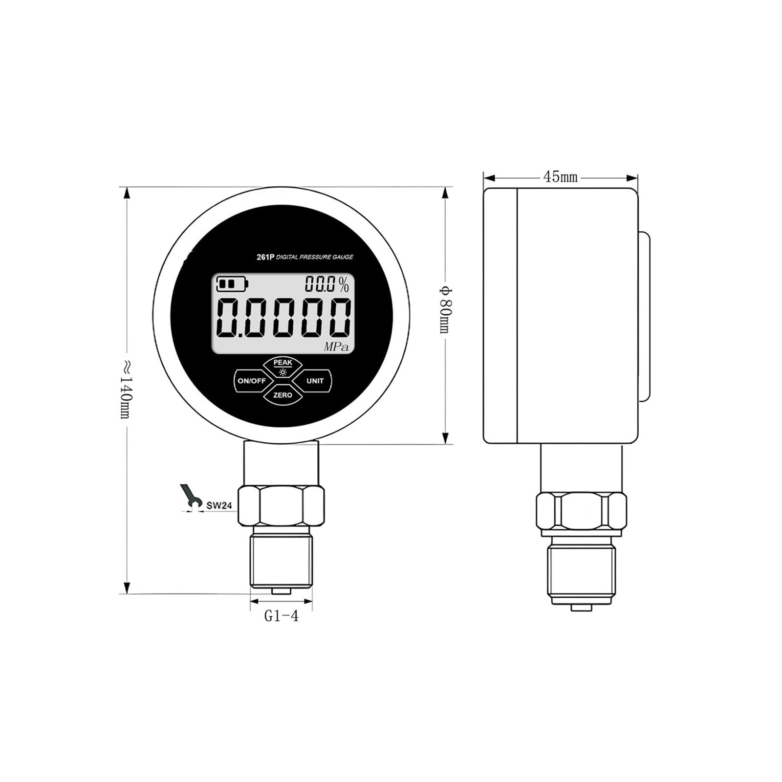 Manometro, Display LCD Manometro ad alta pressione in acciaio inossidabile 304 Mini manometro digitale ad alta precisione ME261P(NPT1-4,0-60Mpa)