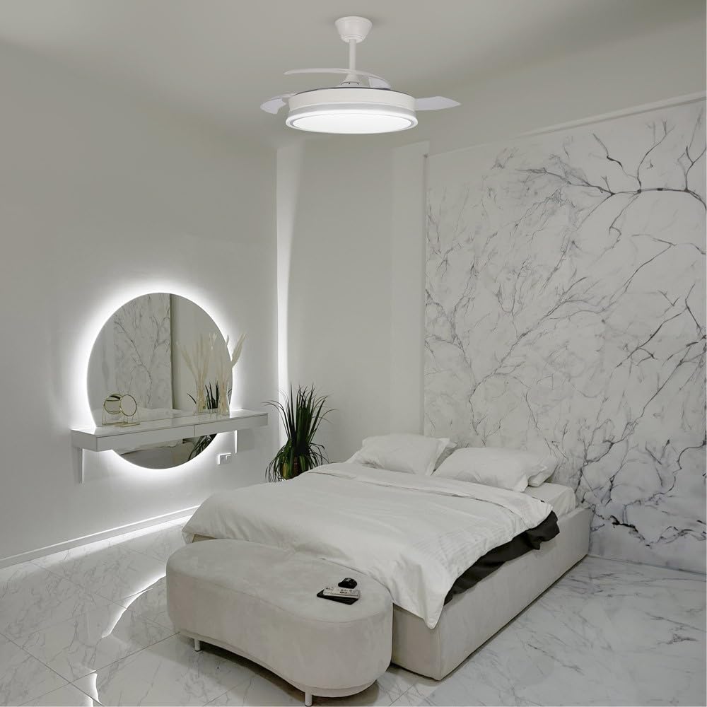 wonderlamp - Ventilador de techo retrláctil con aspas plegables Surpino Blanco, Ventilador de techo con luz LED 45W con Memoria de encendido y Mando a distancia CCT Regulable