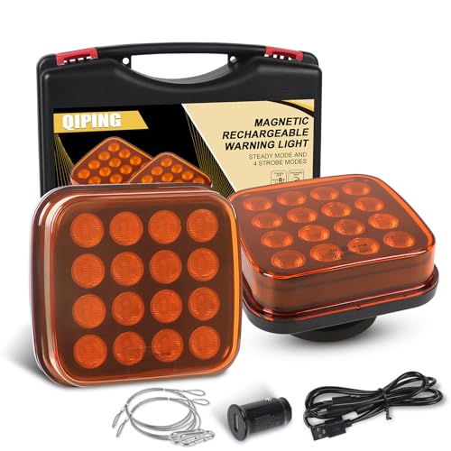 Qiping Rundumleuchte Akku, 12V/24V Gelbe Kabellose Warnleuchte mit Magnetischer Sockel, Wiederaufladbare LED Rundumleuchte Magnet, Schnurlos Rundumleuchte fürs Traktor KFZ LKW RV E-Mark