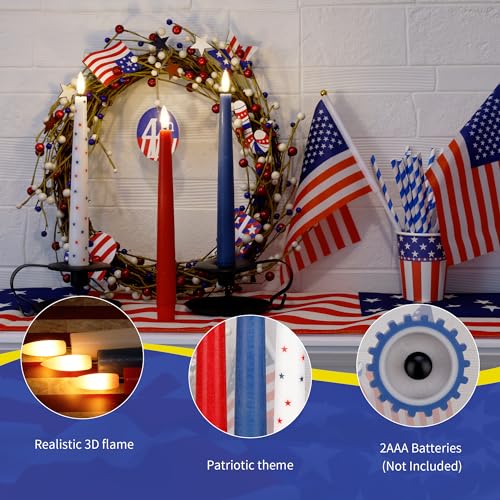 Image of Red White and Blue Star Candles, Flameless Taper Candles with 3D Wick, Real Wax 4th of July Flameless Candles with Remote, 9.6 inch Battery Operated Patriotic Led Candlesticks, 3 Pack