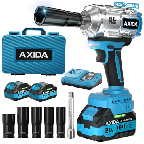 AXIDA Cordless Impact Wrench with 2 x 4.0Ah Batteries 1107Ft-lbs (1500N.m),1/2' Brushless High...