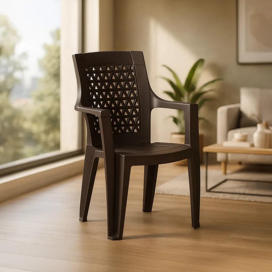 Nilkamal Elevate Plastic Chair with Arm for Living Room, Bed Room, Kitchen, Balconies, Outdoor - Set of 2 Pcs Chair (Season Rust Brown)-image-1