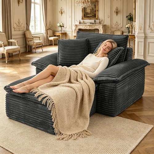 HYJT-H&K 63.4Reading Chair Boneless Chair with Ottoman Lounge Chair with Built-in Spring&3 Pillows Oversized Chair for Living Room Chaise Lounge Chair Indoor No Assembly Required(Corduroy Gray)