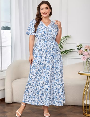 Image of ShopWonder Womens Plus Size V Neck Wrap Maxi Dress High Waist Ruffle Summer Casual Dress with Belt