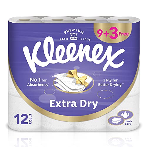 Kleenex Extra Dry Toilet Paper Rolls Pack of 9+3 Free Rolls x 140 Sheets Superior Absorbency Embossed Bathroom Tissues 3-Ply Strength Flushable Tissue