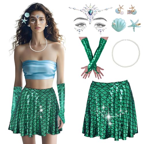 Disfarce sereia mulher 8 Set, saia de escamas de peixe luvas de sereia + 2 ganchos estrela do mar + pedras faciais colar de pérolas, para disfarce sereia Cosplay, carnaval, festas (verde M)
