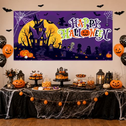 Image of Halloween Decorations Outdoor, Halloween Backdrop 65 inch x 32.7 inch Plastic Banner for Wall and Window, Spooky Party Decor, Indoor Outdoor Use, Outdoor Halloween Decorations, Trick or Treat Supplies