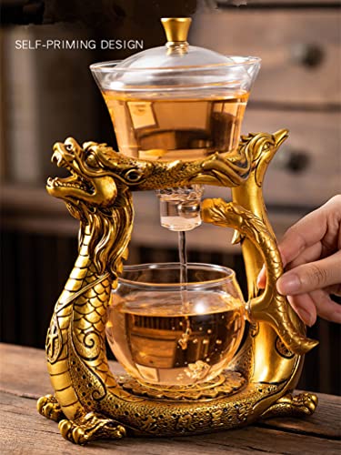 Mozeo Lazy Kungfu Glass Tea Set Heat-Resistant Water Diversion Rotating Cover Bowl Semi-Automatic Glass Teapot Suit (Teapot Single) #TOP1