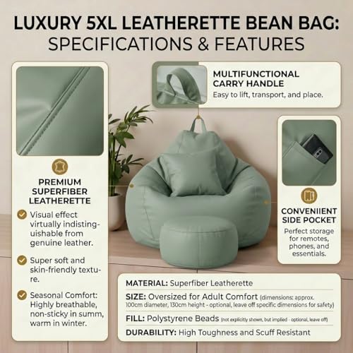 Image of KAM'S LIEU Leatherette Bean Bag Chair with Footrest | Filled with EPS Beans | Comfortable Sofa for Living Room & Bedroom | 4XL Size, Easy to Clean Color- (Green)