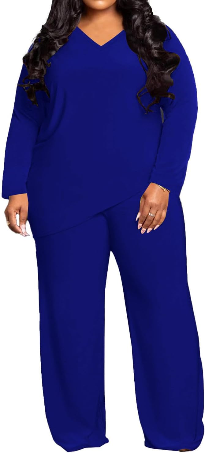 TOPSRANI Womens Plus Size Lounge Set V-Neck 2 Piece Outfits Sweatsuits Tracksuit Long Sleeve Baggy Wide Leg Pant Sets
